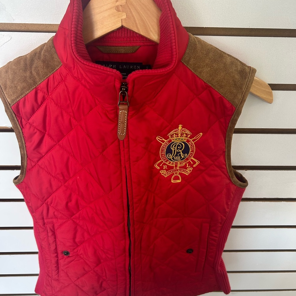 Ralph Lauren Red Quilted Vest with Suede Shoulders and Crest